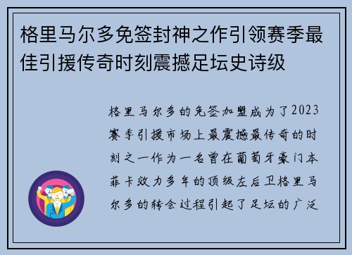 格里马尔多免签封神之作引领赛季最佳引援传奇时刻震撼足坛史诗级