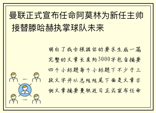 曼联正式宣布任命阿莫林为新任主帅 接替滕哈赫执掌球队未来